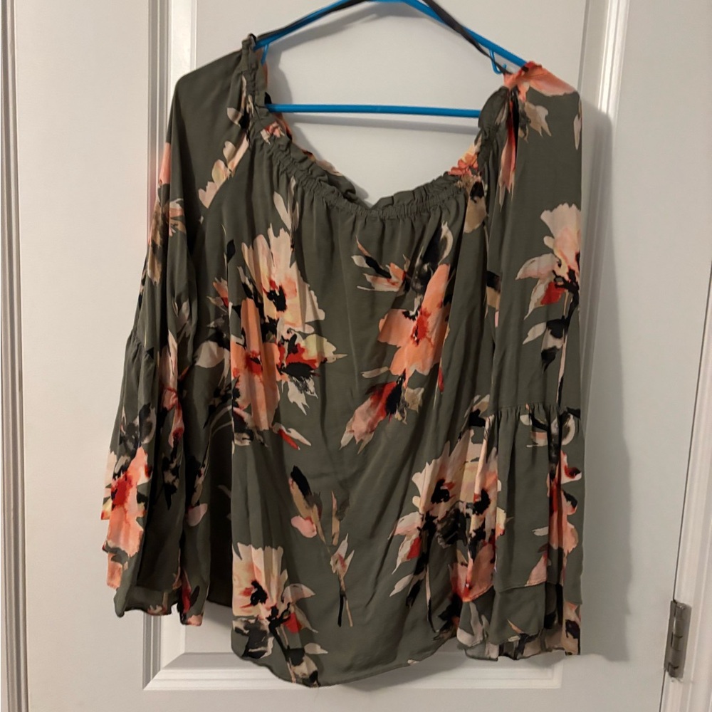 White House Black Market Olive Floral Off-Shoulder Blouse